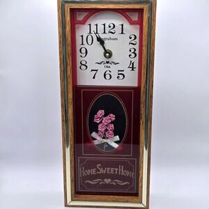Vintage Ingraham Home Sweet Home Floral Wall Clock Wood Frame USA 12 In